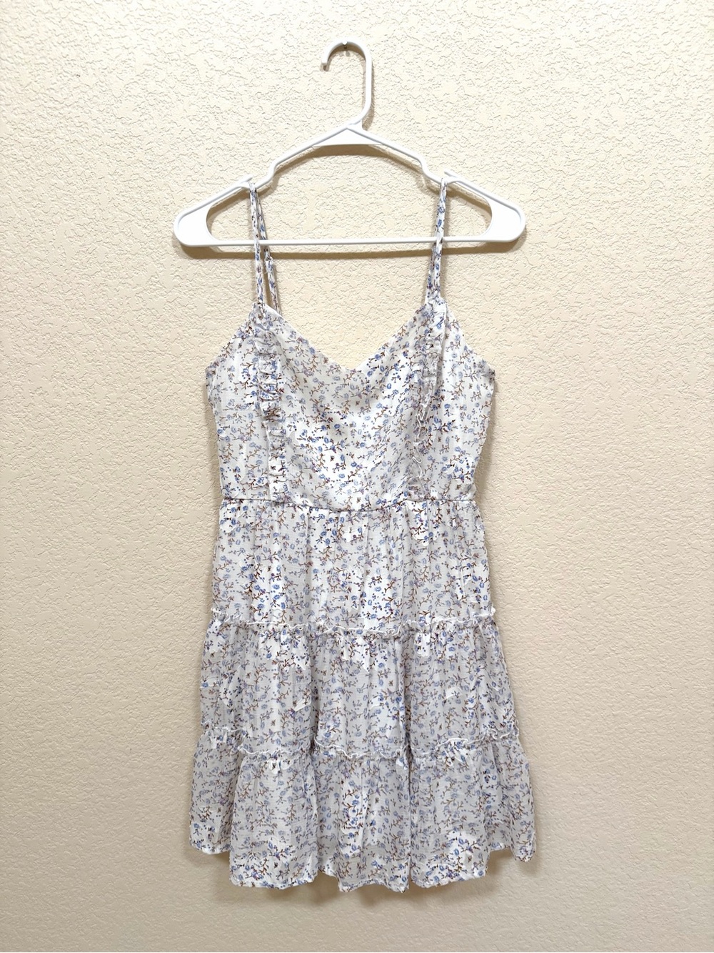 Altar'd State White Tiered Dress with Blue Floral Accents